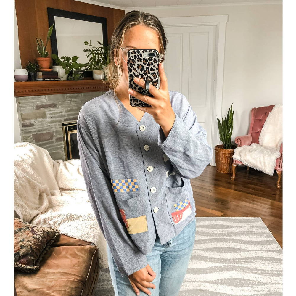 VINTAGE 90'S | Women's Small Blue Plaid Patchwork Artsy Abstract Button Down Top
